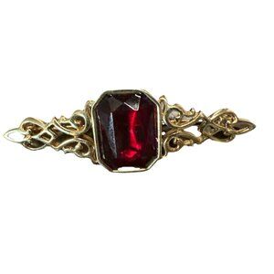 Park Lane Gold Tone Red Emerald Cut Stone Brooch Scarf Lapel Pin